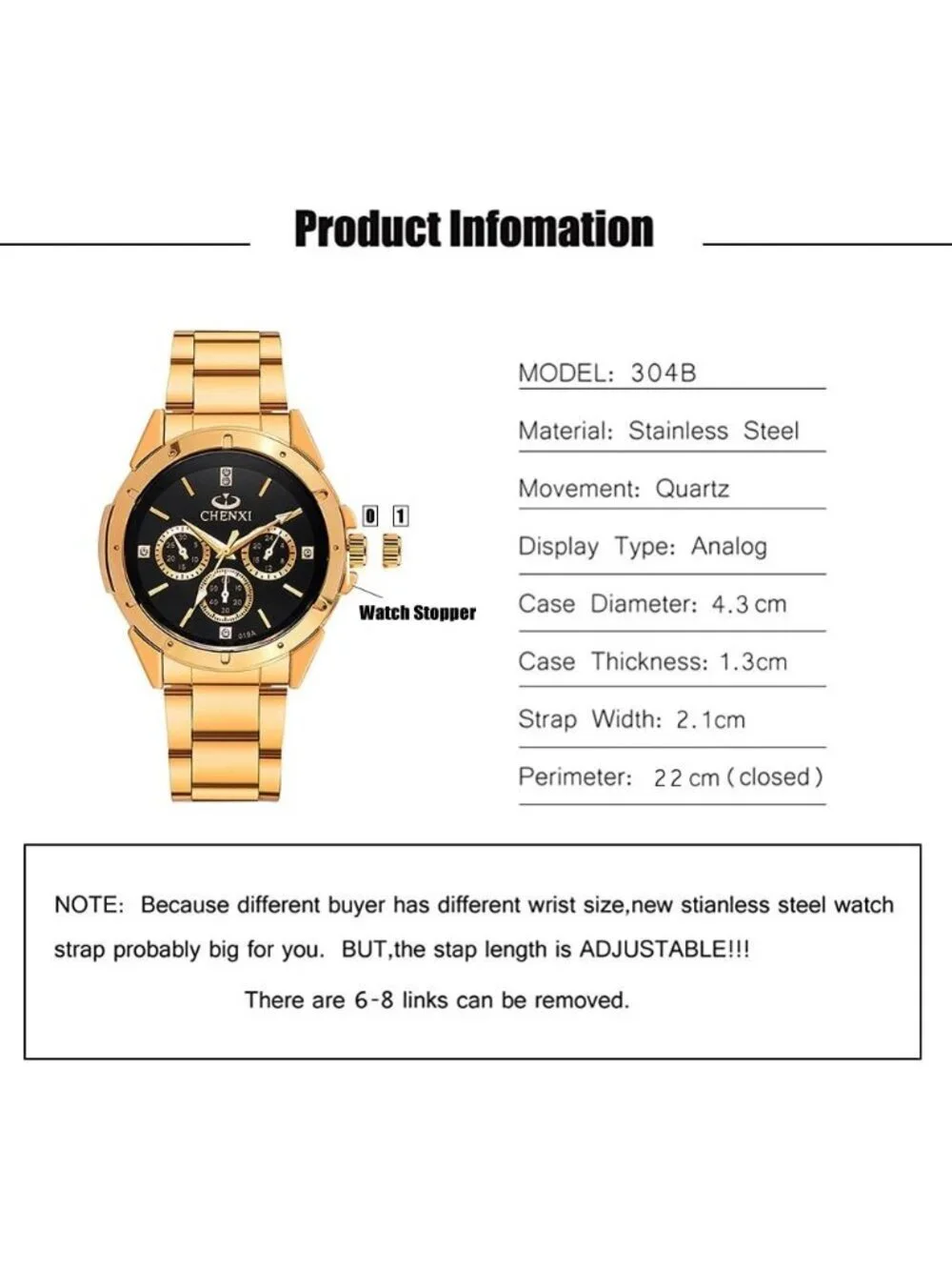 Men's Black Analog Quartz Gold Stainless Steel Crystals Classic Wrist Watch